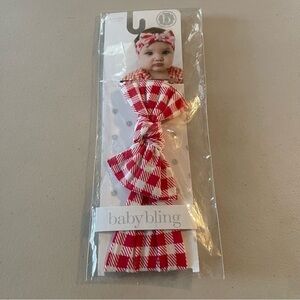 NWT baby bling baby girl bow headband red and white checked